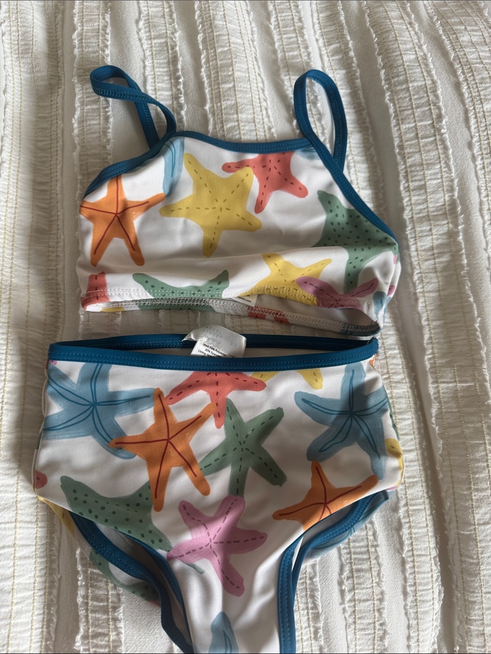 Girls Starfish Print Two-Piece Swim Bikini - Blue Trim